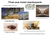 That one hotel starterpack: Literally no light in the room CLARION HOTEL Looks like this: Probably has bedbugs MEMPHIAN Too much a night The hallway is always this corporate modern look: The inside looks like this (the beds are f------ horrible to sleep in): They add random s--- in the room for the modern lifeless aesthetic