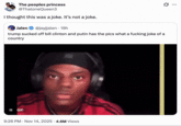 Tweet by @thatonequeen3 that reads, "I thought this was a joke. It’s not a joke." The tweet was posted in response to a post that read, "trump sucked off bill clinton and putin has the pics what a f------ joke of a country."