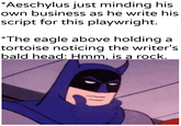 *Aeschylus just minding his own business as he write his script for this playwright. *The eagle above holding a tortoise noticing the writer's bald head: Hmm, is a rock. u/Khantierpartesai