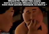 Wizard PC: "Wait! This magic berry is cursed. Whoever eats it will have their gender changed, so don't g-" imgflip.com