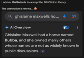 I advice MAGAtards to accept the Bill Clinton theory.. The alternative is worse.. ghislaine maxwells ho... Al Overview fG Ghislaine Maxwell had a horse named Bubba, and she owned many others whose names are not as widely known in public discussions.
