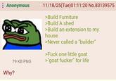 : Anonymous 11/18/25(Tue)01:11:20 No.83139575 >Build Furniture >Build A shed >Build an extension to my house >Never called a "builder" >F--- one little goat 79 KB PNG >"goat f-----" for life Why?