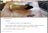 agelfeygelach: kittsman: The mightiest warrior, Sir Pigglesworth. i didn't know what i needed to see to motivate me this morning. Apparently it was a cavy in bronze scale. Gods bless. He is a noble knight in days of old! Source:reddit.com