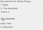 My reasons for doing things: 1. Spite 2. The Aesthetic That's it. missveils okay i lied 3. Attention