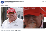 A "tweet":https://knowyourmeme.com/memes/sites/twitter-x from "Gavin Newsom's":https://knowyourmeme.com/memes/people/gavin-newsom press office with an "AI image":https://knowyourmeme.com/memes/cultures/ai-art of "Donald Trump":https://knowyourmeme.com/memes/people/donald-trump as a sleeping pig.
