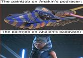 The paintjob on Anakin's podracer: BARY The paintjob on Anakin's padawan: