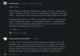 Kristmaus 1y ago • Edited 1y ago Soft YTA. She enjoys cooking, brings her meal, and for what you have written, doesn't throw a tantrum if nobody eats her dish... so what's the main issue you have with her food? It looks like you are A BIT controlling, for the words you use ("cohesive meal", "consistent menu", "enjoyable"... since when a badly cooked dish ruins an entire meal if nobody is being forced to eat it?) 461 + 29 more replies Impressive-Arm2563 • 1y ago A soft YTA. Just let her bring what she wants. It's not hurting you, you don't have to eat it. It might even be fun to pretend it's the best thing ever and throw some away when she isn't looking, to make her feel good. It could be part of the traditional holiday experience. 1K