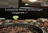 An edit of a meme of a dog at a dinner table. The meme features Zygarde.
