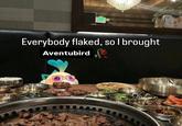 An edit of a meme of a dog at a dinner table. The meme features Aventubird.