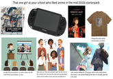 TEEN That one girl at your school who liked anime in the mid 2010s starterpack FIRE EMBLEM Awakening Playable in 20 and 30. 3D moda far ngas 7+. Sze bock Nintendo ក NINTENDO 3DS SONY PIVITA WALT DISNEY STUDIOS PRESENTS A STUDIO GHIBLI FILM MIYAZAKI'S SPIRITED AWAY ()( (-) Frequently wore anime merchandise at school Usually did presentations on anime when she did PowerPoint presentations in class Was seen as "that one weeaboo girl" by the rest of the school since she was the only person who liked anime in the entire school and was mocked for it Later started dating on of the guys used to who hated anime and mock it, but started liking anime after he actually watched it for once