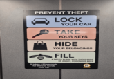 PREVENT THEFT 7 LOCK YOUR CAR TAKE YOUR KEYS HIDE YOUR BELONGINGS FILL A DECOY PURSE WITH THOUSANDS OF ANGRY, POISONOUS BEES It takes <30 seconds for thieves to rob your car P Robbins