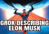 An "Impact":https://knowyourmeme.com/memes/impact font "image macro":https://knowyourmeme.com/memes/image-macros shared to the /r/dankmemes subreddit, showing "Superman":https://knowyourmeme.com/memes/subcultures/superman holding up Earth, reading, "Grok describing Elon Musk." The post gained over 590 upvotes in three hours.