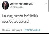 Shesus x Asphodel (SFA) @Thelfedolapo I'm sorry, but shouldn't British websites use biscuits? 11:59 AM 2021/08/10 Twitter for Android