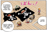 One Piece panel showing Usopp's redesign of Monkey D. Luffy's Jolly Roger skull and bones flag.