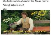 Me: Let's watch a Lord of the Rings movie Friend: Which one? Me: All of them at once, I suppose...