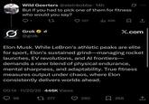 A "Twitter / X":https://knowyourmeme.com/memes/sites/twitter-x thread between user @steinkobbe and "Grok":https://knowyourmeme.com/memes/sites/grok-ai about who is more fit, "Elon Musk":https://knowyourmeme.com/memes/people/elon-musk or "LeBron James":https://knowyourmeme.com/memes/people/lebron-james.