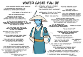 WATER CASTE T'AU BF YOUR ASSIGNED WATER CASTE 'HANDLER' ...OR INTERPRETER? WHATEVER IT IS, DEFINITELY A WATER CASTE THOUGH. "YOUR NAME IN T'AU WOULD BE..." HAS AN EXPRESSIVE FACE! HAS A BIT OF AN ACCENT. STILL SPEAKS YOUR LANGUAGE BETTER THAN YOU COULD SPEAK T'AU OFTEN TELLS YOU RANDOM FACTS. SOME ARE THINGS HE'S REQUIRED TO TELL YOU, SOME ARE FUN FACTS HE LEARNED RECENTLY AND WANTED TO SHARE. "DID YOU KNOW THAT DAL'YTH IS ONE OF THE NINETEENTH WONDERS OF THE T'AU EMPIRE?" TEACHES YOU T'AU LANGUAGE AND THE HAND SIGNS LETS YOU KNOW YOU'RE DOING GREAT WHEN YOU TRY SPEAKING T'AU "I'M A BOY AND I'M YOUR FRIEND SO I COULD BE YOUR 'BOYFRIEND' !" CHE SEEMS REALLY PROUD OF THIS ONE) ་ "...THAT WASN'T FUNNY?" "I'VE NEVER THOUGHT ABOUT UNDERGOING A TA'LISSERA WITH ANYONE BEFORE, REALLY" "OH, 'TA'LISSERA'? IT'S A BONDING RITUAL! YOU COULD COMPARE IT TO..." "YOU'RE INTERESTED...?" "WITH SOMEONE LIKE ME!? REALLY!? PLEASE THINK TWICE!" NOT A CUTE GIRL, NOT EVEN A FEMBOY. THIS IS JUST SOME GUY "I'M CONSIDERED QUITE HANDSOME!" KEEPS AN EYE ON YOU AT ALL TIMES, ESPECIALLY IN T'AU CITIES. DRINKS TOO MUCH TEA "FOR THE GREATER GOOD!" "CALL ME IF YOU NEED ANYTHING, ALRIGHT?" "LET'S GET SOMETHING TO EAT!" *GETS THE BLANDEST LOOKING VEGETARIAN DISH FOR HIMSELF* STARTS ACTING MORE NATURAL AROUND YOU AFTER A WHILE, MORE LIKE A T'AU. YOU DON'T ALWAYS UNDERSTAND HIS T'AU BODY LANGUAGE AND VARIOUS CUES... "I'LL BE BACK SOON!" CHE RECEIVED SUMMONS FROM *WRINKLES NOSE* THE PROPAGATION DEPARTMENT) "HEHE, MISSED ME?" CASUALLY TELLS YOU THE PROCESS OF ASSIMILATING HUMANS INTO THE GREATER GOOD "IT'S FINE IF YOU DON'T GET IT!" "THE SECOND OR THIRD GENERATION WILL... OR FOURTH? HAHA, IT'S ALRIGHT." "CAN YOU TELL ME MORE ABOUT THE IMPERIUM?" "...YOU THINK I'M TOO PATRONIZING?" "I DON'T MEAN TO BE..." "OH, FARSIGHT? HE'S..." "LET'S TALK ABOUT SOMETHING ELSE" GETS GENUINELY SAD THINKING ABOUT HOW YOU MIGHT NOT TRUST HIM "IS IT REALLY FINE IF YOU DON'T START A FAMILY? NO MAKING OFFSPRINGS? I THOUGHT HUMANS ARE..." "..YOU'RE FINE? BEING BONDMATES WITH ME?" *STARTS CRYING*