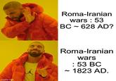 imgflip.com Roma-Iranian wars: 53 - BC 628 AD? Roma-Iranian wars : 53 BC ~ 1823 AD.