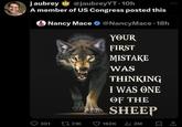 j aubrey @jaubreyYT 10h • A member of US Congress posted this Nancy Mace @NancyMace 18h YOUR FIRST MISTAKE WAS THINKING I WAS ONE OF THE SHEEP 301 tl 7.1K 162K ❘ 2M 800