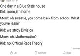 July 28, 2023 One day in a Blue State house Kid: mom, i'm home Mom: oh sweetie, you come back from school. What you've learn? Kid: we study Division Mom: oh, Mathematics? Kid: no, Critical Race Theory Like 1 comment Comment Share