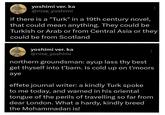 yoshimi ver. ka @nise_yoshimi ... if there is a "Turk" in a 19th century novel, that could mean anything. They could be Turkish or Arab or from Central Asia or they could be from Scotland yoshimi ver. ka @nise_yoshimi northern groundsman: ayup lass thy best get thyself into t'barn. Is cold up on t'moors aye effete journal writer: a kindly Turk spoke to me today, and warned in his oriental tongue of the perils of travelling so far from dear London. What a hardy, kindly breed the Mohammadan is!