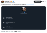 X user @usermooseontwt tweeted, "LMAOOO WHAT THAT LOCATION SAY?? @ysmammri" alongside altered screenshot showing the user's location as "India."