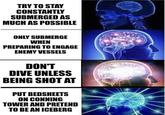 TRY TO STAY CONSTANTLY SUBMERGED AS MUCH AS POSSIBLE ONLY SUBMERGE WHEN PREPARING TO ENGAGE ENEMY VESSELS DON'T DIVE UNLESS BEING SHOT AT PUT BEDSHEETS ON CONNING TOWER AND PRETEND TO BE AN ICEBERG