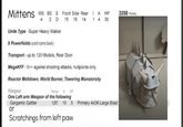 Mittens WS BS S Front Side Rear IA HP 3250 Points 4 2 D 15 15 14 14 30 Unite Type -Super Heavy Walker 8 Powerfields (cant come back) Transport - up to 120 Models, Rear Door MegaKFF-5++ against shooting attacks, hullpoints only Reactor Meltdown, World Burner, Towering Monstorsity Wargear Range 8 AP One Left arm Weapon of the following Gargantic Gattler or 120 10 3 Primary 4xD6 Large Blast Scratchings from left paw