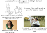 Autistic/Neurodivergent Kid High School Experience Popular kid invites you to the party so they can feel good about themselves time People fake befriending you for social clout Being treated like a zoo animal Horse girl invites you to prom because her parents forced her