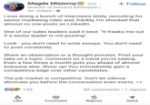 HIRING Magda Misiorny in ⚫ 2nd Director of Demand Generation | ... 2d Edited + Follow I was doing a bunch of interviews lately, recruiting for senior marketing roles and, frankly, I'm shocked that almost no one posts on LinkedIn. One of our sales leaders said it best: "It freaks me out if a senior leader is not posting". Look - you don't need to write essays. You don't need to post constantly. Share an observation or a thought process. Post your take on a topic. Comment on a trend you're seeing. Even a few times a month puts you ahead of almost everyone else. Show up! You immediately gain a competitive edge over other candidates. The job market is competitive. Don't let silence eliminate you before the conversation even starts. ●● CC133 50 comments ⚫1 repost Like Comment Repost Send