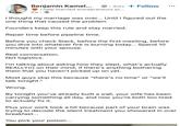 Benjamin Kamel... 2w • 3rd++ Follow I help married entrepreneurs pr... I thought my marriage was over... Until I figured out the one thing that caused the problem Founders keep this rule and stay married. Repair time before pipeline time. Before you check Slack, before the first meeting, before you dive into whatever fire is burning today... Spend 10 minutes with your spouse. Real conversation. Not logistics. I'm talking about asking how they slept, what's actually REALLY(!) on their mind, if there's anything bothering them that you haven't picked up on yet. Most guys skip this because "there's no time" or "we'll talk tonight." Wrong. By tonight you've already built a wall, your wife has been carrying something all day, and now you're both too tired to actually fix it. Plus your work took a hit because part of your brain was trying to decode the silent treatment you showered in over breakfast... You pick your poison...