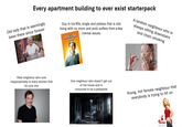 Every apartment building to ever exist starterpack Old lady that is seemingly been there since forever Guy in his 40s, single and jobless that is still living with his mom and prob suffers from a few mental issues The 40-Year-Old Virgin A random neighbour who is always sitting downstairs and chain smoking gettyimages Credit: Fuse Male neighbour who acts inappropriately to every woman that he runs into One neighbour who doesn't get out of the house and is rumoured to be a p-------- Young, hot female neighbour that everybody is trying to hit on girl next door