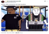 X user @breadunderscore tweeted, "twitter after everyone can see location," showing a Wojak meme featured a dark-skinned Nazi and a blond Palestine supporter.