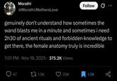 Morathi Follow @Morathi.MothersLove genuinely don't understand how sometimes the wand blasts me in a minute and sometimes i need 2h30 of ancient rituals and forbidden knowledge to get there, the female anatomy truly is incredible 7:01 PM Nov 18, 2025 375.2K Views 47 tz 1.5K 25K 1.5K go