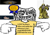 On November 18th, 2025, X user @RachRatos tweeted a meme showing a character pointing to the shirt they are wearing that reads, "i LOVE The King in Yellow and media that references it, but i would NEVER EVER EVER finish the novel," and a ribbon that says, "lost the ability to read and now only consumes media through youtubers award." The post gathered over 40,000 likes in a week. 