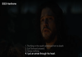 S5E8 Hardhome 1. The King in the south sentenced him to death 2. (Let Tormund answer) 3. I know nothing 4. I put an arrow through his heart.