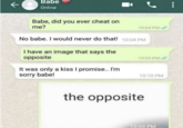 Babe Online Babe, did you ever cheat on me? 10:04 PM No babe. I would never do that! 10:04 PM I have an image that says the opposite It was only a kiss I promise.. I'm sorry babe! 10:05 PM 10:10 PM the opposite 10:09 PM