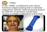 GUFF FACTS facts by Guff In the 1990s, a California man, Steve Comisar, began putting ads in national magazines selling "Solar-powered dryers" for $49.95. Customers would then receive a simple clothesline in the mail.