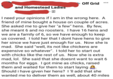 and Homestead Ladies Off Grid I need your opinions if I am in the wrong here. A friend of mine bought a house on couple of acres. She asked me to give her "a few" hens. By few, she meant 6 and no roosters. I have 16 hens and we are a family of 6, so we have enough to keep us covered. I told her that I dont have hens to give her since we have just enough for us. Now she is mad. She said "well, its not like chickens are expensive so whatever". I told her to start out with chicks like the rest of us. Now she is extra mad, lol. She said that she doesnt want to wait 6 months for eggs. I got mine as chicks, raised them and waited for them to start laying Should i have given her hens? I'll add that she wanted me to deliver them as well, about 40 miles