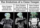The Evolution of a Clone Trooper Clone Troopers fresh off the assembly line. Clone Troopers who lived long enough to become Stormtroopers Clone Troopers who somehow survived to join the First Order solid snark