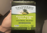 CALIFORNIA OLIVE RANCH Extra Virgin Olive Oil GLOBAL BLEND NON GMO Project VERIFIED nongmaproject.org FOR EVERYDAY COOKING | BAKING COLD PRESSED 750 mL (25.4 FL OZ) GLOBAL BLEND WITH A MINIMUM OF 0% CALIFORNIA EXTRA VIRGIN OLIVE OIL VEGAN SCAN QR COD to learn mor about this o
