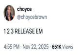 A "tweet":https://knowyourmeme.com/memes/sites/twitter-x echoing the lyrics of "stud" "rapper":https://knowyourmeme.com/memes/cultures/rap-hip-hop Neace Robinson's "viral video":https://knowyourmeme.com/memes/viral-videos of her singing, "1, 2, 3, release 'em," at a funeral.
