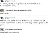 gaygothur At this point, every round mammal is a hamster to me. cantanopeshitthatwastaken coconut gaygothur I think we both have different definitions of what mammal is but I can't say I disagree with you. oregonnukesailor has hair. give milk