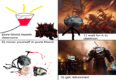 pure blood repels daemons 2) cover yourself in pure blood 1) wait for it to daemon 3) get retconned