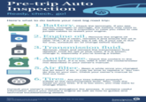 Pre-trip Auto Inspection Ready, check, go! Here's what to do before your next big road trip: ◉ DO 1. Battery. Check the terminals. If you see cracks, corrosion or damage, the battery may need to be replaced. This is important in case you need to use jumper cables to restart your engine. 2. Engine oil. Remove the engine oil dipstick, wipe it clean, reinsert it and ensure the oil is near "Full." If it is low, top it off. Or, if your car is due for one, schedule an oil change before leaving. 3. Transmission fluid. Remove, clean and reinsert the transmission fluid dipstick. Look for red or pink color. If it is brown, change it, especially if you're towing a trailer. 4. Antifreeze. Check the coolant in the overflow tank. If it is low, refill it with the coolant/water mix described in your owner's manual. 5. Air filter. Been a while since you changed the air filter? If so, it may be time to replace it. You can do this on your own. Check your owner's manual to find out how. 6. Tires. Are your tires inflated properly? Inflate to the recommended level. Also, note the tread on your tires. If it is too worn, you may want to change them. Consult your owner's manual throughout the process. It contains useful information about your vehicle's engine as well as how-to guides and technical troubleshooting details. Source: "How to Prepare a Car for a Long Road Trip." Samarins.com, n.d. Web. 03 July 2012. http://www.samarins.com/longtrip Ameriprise Auto&Home Insurance