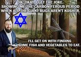 OK, OKAY, I GET THE JOKE. SHOWING ME THE CARBONIFEROUS PERIOD WHEN ALL THE GIANT BUGS AREN'T KOSHER. imgflip.com I'LL GET ON WITH FINDING SOME FISH AND VEGETABLES TO EAT.