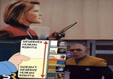 From ''Star Trek: Voyager'' 2x24 ''Tuvix'', Captain Kathryn Janeway (Kate Mulgrew) passes judgement on the human rights of Lieutenant Tuvix (Tom Wright). A chart divided into two halves of "Deserves Human Rights" and "Doesn't Deserve Human Rights" goes down from Data, Tom Riker and Exo-Comps to the Nanites, Crystalline Entity and Tuvix, thus sealing his fate.