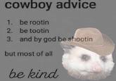 cowboy advice 1. be rootin 2. be tootin 3. and by god be shootin but most of all be kind