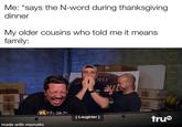 Me: *says the N-word during thanksgiving. dinner My older cousins who told me it means. family: MPM made with mematic Jusage/Plac 887-4442 DELI [Laughter ] truⓇ