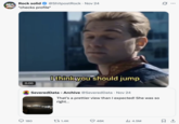X user @ShitpostRock posted a Homelander GIF that read, "I think you should jump" in response to @SeveredData AKA Emma Onstett's post about standing at the St John's Bridge in Portland, OR.